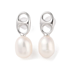 Oval Anti-Tarnish Sterling Silver Stud Earrings, with Natural Pearl, Jewely for Women, Oval, 21.5x22mm