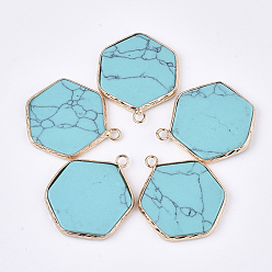 Синтетическая Бирюза Синтетические бирюзовые подвески, с латунной фурнитурой , шестиугольник, золотые, 30~31x24~25x2~3 мм, отверстие : 2 мм