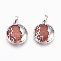Камень с Пылевым Золотом Синтетические голдстоуновские подвески, с латунной фурнитурой , плоские круглые со звездой, платина, 27x23x6.5 мм, отверстие : 5x8 мм