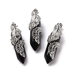 Обсидиан Природные подвески обсидиана, с латунной фурнитурой платинового цвета, без кадмия и без свинца, двухконечная остроконечная пуля с пером, 45~47.5x14~14.5x13~14 мм, отверстие : 8x5 мм
