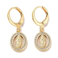 Oval Real 18K Gold Plated Brass Dangle Leverback Earrings, with Cubic Zirconia, Virgin Mary, Oval, 27.5x10mm