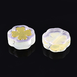 Transparent Transparente sprühlackierte Glasperlen, mit Glitzerpulver und vergoldeten Messingfunden, Blume, Transparent, 12x12x4.5 mm, Bohrung: 1 mm