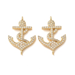 Real 18K Gold Plated Brass Micro Pave Clear Cubic Zirconia Connector Charms, Anchor Links, Rack Plating, Long-Lasting Plated, Cadmium Free & Lead Free, Real 18K Gold Plated, 25x17x3mm, Hole: 1.2mm