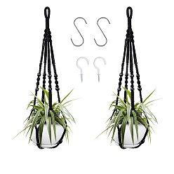 Черный Вешалки для растений макраме из хлопка, подвесные кашпо в стиле бохо, настенная декоративная подставка для цветочных горшков, с потолочным крючком, чёрные, 90 см, 2 шт / комплект