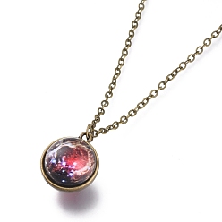 Planet Ожерелье из стекла, с тросовыми цепями из сплава и застежками-клешнями, без кадмия и без свинца, круглые, узор галактики, 20.07 дюйм (51 см), подвески: 21x18x17 мм