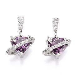 Фиолетовый Латунные микро проложить кубического циркония прелести, сердце, платина, фиолетовые, 11x12x7.5 мм, отверстие : 4.5x2.5 мм