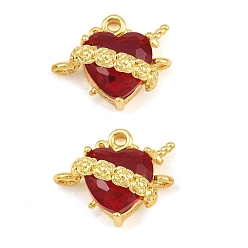 Red Brass & Faceted Glass Connector Charms, Sacred Heart with Roses & Sword Links, Long-Lasting Plated, Rack Plating, Cadmium Free & Lead Free, Golden, Red, 14.5x17x9mm, Hole: 2mm