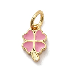 Бледно-Розовый Латунь эмаль подвески, клевер амулеты, стойки покрытие, долговечный, без кадмия и без свинца, реальный 18 k позолоченный, с целью перехода в кольце, розовый жемчуг, 9.5x6x2 мм, отверстие : 3.2 мм