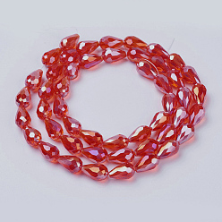 Red Electroplate Glass Beads Strands, AB Color Plated, Faceted Teardrop, Red, 15x10mm, Hole: 1mm, 50pcs/strand, 27.1 inch