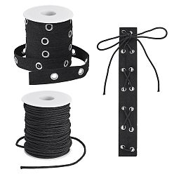 Noir 25 corde tressée ronde en PP de 1 m, avec 10 mètres de rubans de coton à chevrons avec œillets en fer plaqué platine, noir, 3 mm et 19 mm