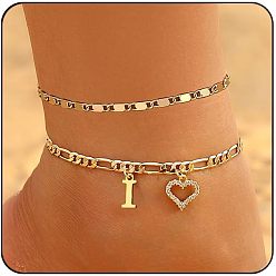 Letter I Двухслойные браслеты для щиколотки с латунными кристаллами и стразами в форме сердца, золотые, Буква "i", 7-7/8 дюйм (200 мм), 2 шт / комплект