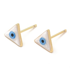 Blanco Aretes de triángulo esmaltado con mal de ojo, joyas de latón chapado en oro real 18k para mujer, blanco, 8x9 mm, pin: 0.8 mm