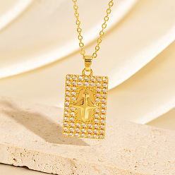 Hamsa Hand Религиозные латунные подвески в виде жетона с микропаве из прозрачного кубического циркония., реальный 18 k позолоченный, хамса рука, 15.75 дюйм (40 см)