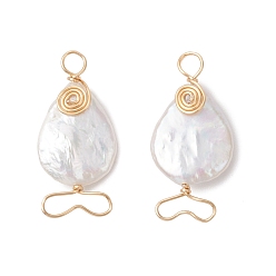 Морская Ракушка Натуральные кеши жемчужные подвески, очарование рыбы, с экологически чистой медной проволокой, золотой свет, цвет морской раковины, 29x14x5 мм, отверстие : 3.5 мм