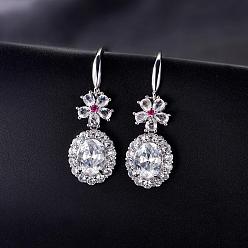 Clear Brass Micro Pave Cubic Zirconia Flower with Oval Dangle Earrings for Women, Platinum, Clear, 41x11.5mm