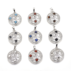 Mixed Stone Natural & Synthetic Mixed Gemstone Pendants, with Platinum Tone Brass Findings and Crystal Rhinestone, Flat Round, 29x25.5x4.5mm, Hole: 4.5x8mm