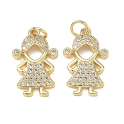 Real 18K Gold Plated Brass Micro Pave Clear Cubic Zirconia Pendants, Girl Charms, Rack Plating, Cadmium Free & Lead Free, Real 18K Gold Plated, 20x12.5x3mm, Hole: 3.5mm