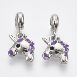 Blau violett Legierung Emaille europäische baumeln Charms, Große lochanhänger, Einhorn, Platin Farbe, blau violett, 26 mm, Bohrung: 5 mm, Einhorn: 17x13x6 mm