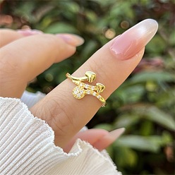 Real 18K Gold Plated Brass Micro Pave Cubic Zirconia Cuff Open Rings for Women, Heart, Real 18K Gold Plated, US Size 4 1/4(15mm)~20mm