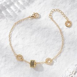 Настоящее золото 18K Браслеты из латунных бусин кубического циркония, цепочки-кабели для женщин, Колонка и плоские круглые, реальный 18 k позолоченный, 7.28 дюйм (18.5 см)