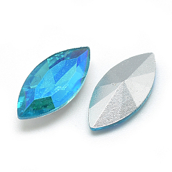 Deep Sky Blue Pointed Back Glass Rhinestone Cabochons, Back Plated, Faceted, AB Color Plated, Horse Eye, Deep Sky Blue, 15x7x4mm
