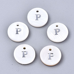 Letter P Natural Freshwater Shell Pendants, with Platinum Plated Iron Etched Metal Embellishments, Flat Round with Initial Letter, White, Letter.P, 11x2mm, Hole: 1.5mm