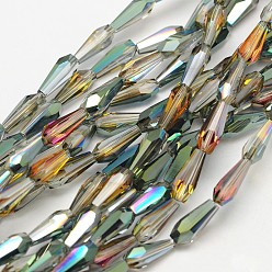 Dark Sea Green Faceted Rainbow Plated Teardrop Electroplated Glass Beads Strands, Dark Sea Green, 10x4mm, Hole: 1mm, about 60pcs/strand, 23.6 inch