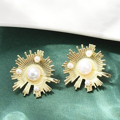 Настоящее золото 18K Серьги-гвоздики из искусственного жемчуга из латуни и АБС-пластика, долговечный, без кадмия и без свинца, стойки покрытие, цветок, реальный 18 k позолоченный, 24x24.5 мм