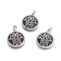 Лавовый камень Подвески из натуральной лавы, с латунной фурнитурой платинового цвета, квартира с рукой хамсы/рукой мириам, 31x27.5x8.5 мм, отверстие : 6.5x4 мм