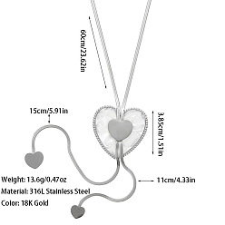 Сердце Богемный стиль 304 лариаты из нержавеющей стали с акрилом для женщин, белые, цвет нержавеющей стали, сердце, 23.62 дюйм (60 см), Кулон : 38.5 мм