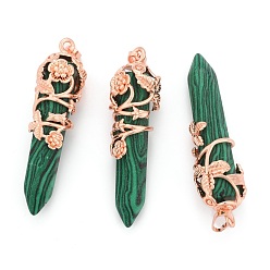 Малахит Синтетические малахитовые остроконечные подвески, с латунной фурнитурой , пуля, розовое золото , 57~60x16 мм, отверстие : 8x5 мм