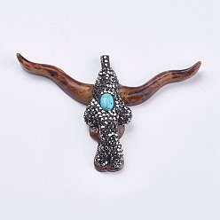 Кокосово-Коричневый Большие кулоны из смолы , с полимерной глиной горный хрусталь, бирюзовые и латунные находки, корова, кокосового коричневый, 48~50x73~80x12~15 мм, отверстие : 3x5 мм