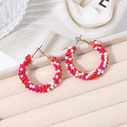 Светло-Вишневый Серьги-кольца из железного стекла и бисера в стиле бохо, золотые, светло-вишневый, 38x35 мм