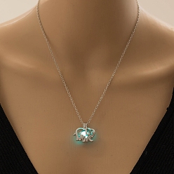 Cyan Alloy Elephant Pendant Necklaces, Cable Chain Necklaces, with Luminous Stone, Cyan, 17.72 inch(45cm)