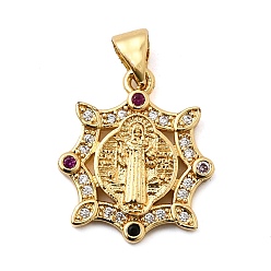Настоящее золото 18K Латунные микро проложить кубического циркония подвески, Подвески с цветком и медалью святого Бенедикта, без свинца и без кадмия, долговечный, стойки покрытие, реальный 18 k позолоченный, 18.5x16x2.5 мм, отверстие : 4x3.5 мм