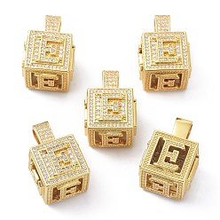 Letter E Кулоны из латуни с микропейвом и прозрачным фианитом, реальный 18 k позолоченный, куб с письмом, letter.e, 26x17x17 мм, отверстие : 5x8 мм