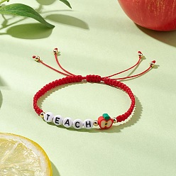 Красный День учителя акриловые бусины плетеные браслеты из бисера мужчины женщины, учить и яблоко, с бусинами из полимерной глины и плетеной нейлоновой нитью, красные, 3/8 дюйм (0.9 см), внутренний диаметр: 2-3/8~3-3/8 дюйм (6~8.5 см)