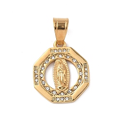 Настоящее золото 18K 316 хирургические подвески из нержавеющей стали со стразами, восьмиугольник с девой марией, реальный 18 k позолоченный, 23.5x20x2.5 мм, отверстие : 7x5.5 мм