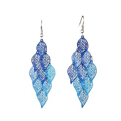 Light Sky Blue Fashion Small Nine Pieces Brass Dangle Earrings, with Earring Hooks, Leaf, Light Sky Blue, 81mm, Pendant: 60x27mm, Pin: 0.8mm