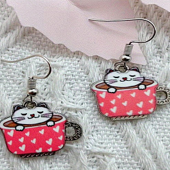 Светло-Коралловый Сплав мотаться серьги, чашка в форме кошки, серебряные, свет коралловый, 38 мм