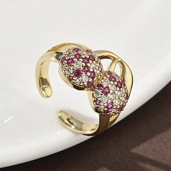 Вишня Латунные микро проложить манжеты кольца кубического циркония, долговечный, стойки покрытие, без свинца и без кадмия, реальный 18 k позолоченный, вишня, 14.5x17.5 мм