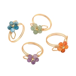 Light Gold Кольца с цветочным натуральным зеленым авантюрином, аметистом, сердоликом и апатитом, украшения из медной проволоки, золотой свет, цветок: 11x17 мм., внутренний диаметр: 18 мм, 4 шт / комплект