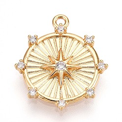 Настоящее золото 18K Латунные микропаве прозрачные подвески с фианитом, шестерня со звездой, без кадмия, без никеля и без свинца, реальный 18 k позолоченный, 17.9x16x2 мм, отверстие : 1.2 мм