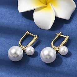 Настоящее золото 18K Серьги-кольца из латуни с микропаве из кубического циркония, с пластмассовой жемчужиной abs, долговечный, стойки покрытие, без свинца и без кадмия, реальный 18 k позолоченный, 31x11.5 мм