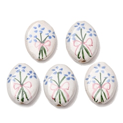Blanc Perles en porcelaine manuelles, peint à la main, ovale avec des fleurs, blanc, 21~22x16~16.5x6mm, Trou: 1.6mm
