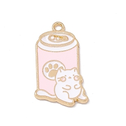 Розовый Кулон эмали сплава, золотые, Кот с банками и подвеской в виде кошачьей лапы, туманная роза, 34x18.5x1.5 мм, отверстие : 2.3 мм