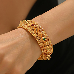 Золотой Ближневосточные латунные браслеты с микропаве из кубического циркония на петлях, браслеты с заклепками для женщин, золотые, внутренний диаметр: 2-3/8 дюйм (6 см) ~ 2-3/4 дюйм (7 см)