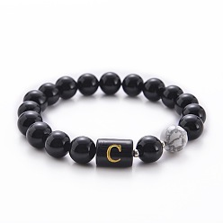 Letter C 10MM Natural Black Onyx(Dyed & Heated) and Howlite Beaded Stretch Bracelets, Alphabet Bracelets, Letter C, 6.60 inch(16.76cm)~8.50 inch(21.58cm)