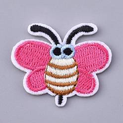 Hot Pink Computerized Embroidery Cloth Iron on/Sew on Patches, Costume Accessories, Appliques, Butterfly, Hot Pink, 30~31.5x36.5x1.5mm
