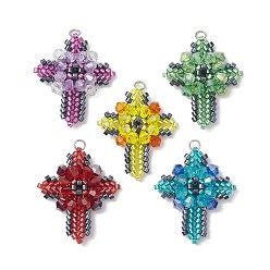 Mixed Color Glass Seed Beads Pendants, with Nylon Wire, with Jump Ring, Mixed Color, 32.5x27~27.5x6mm, Hole: 3mm